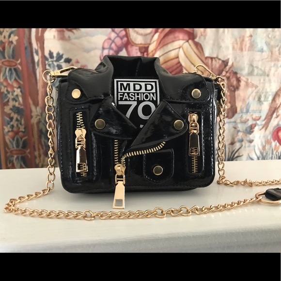 Adorable & Unique Black & Gold Motorcycle Jacket Bag! - Picture 3 of 16
